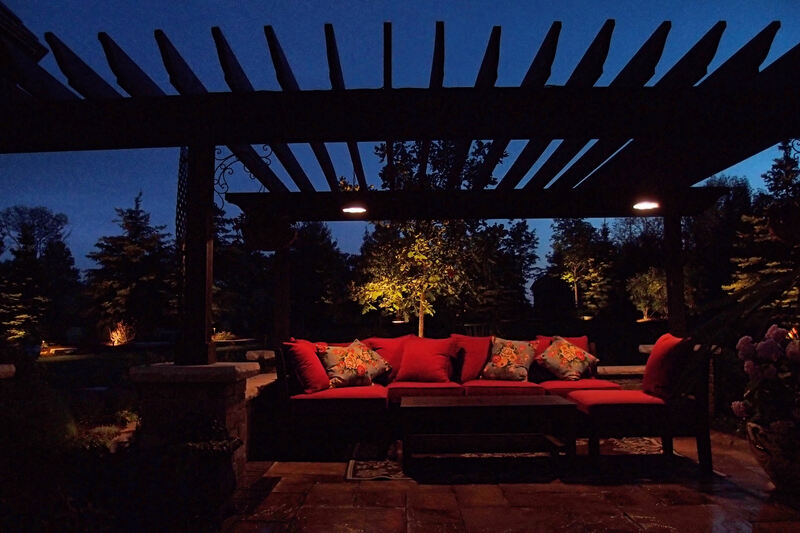 back patio with couches in the evening