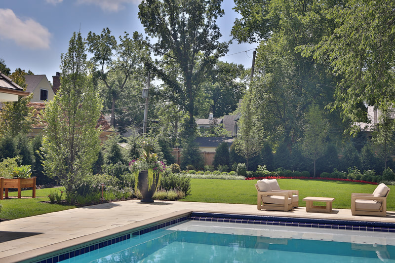 swimming pool, furniture and greenery in backyard